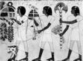 42. Слуги Себехотепа. Роспись из гробницы Себехотепа, XVII династия. Фивы. Короткие парики, туники с рукавами из легкой белой льняной ткани, набедренная повязка