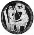 65. Женщина наливает вино старцу. Роспись на дне килика V век до н.э. Лувр, Париж. Оба одеты в хитоны, ниспадающие складками; коме того, на старце - гиматион, а на женщине - хламис