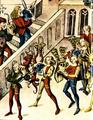 V. Пажи, несущие шлемы на празднике при дворе. Цветная иллюстрация из немецкой рукописи XV века