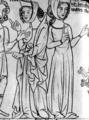 142. Типичное модное убранство женской головы в готическую эпоху: тюрбан с покрывалом, волосы или свободно распущены (справа) или придерживаются сеточкой