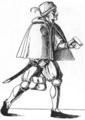 215. Нюрнбергский купец. Немецкая гравюра 1576 года. В этой одежде купец путешествовал: в штанах, расширенных в коленях, в коротком плаще с капюшоном, напоминающим капюшон тореадора, и с меховой шапкой на голове.