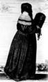 265. Жена французского мещанина. 1648 г. На женщине легкое черное покрывало, платье, затянутое в талии, с собранной в складки юбкой и широким воротником, меховая муфта.