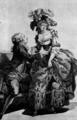 307. Костюмные зарисовки. Галантная пара во французских придворных одеждах, на мужчине жюсокор с закрепленными фалдами, на даме платье а ля полонэз(аlа polonaise) и шляпа с перьями.