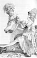 308. Костюмные зарисовки, около 1775 г. Госпожа и служанка в платьях позднего рококо с райфроком; госпожа с прической а ля сиркасьен (a la circassienne), служанка в чепчике, называемом дормез (dormeuse).