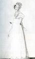 389. «Костюм паризьен», 1811 г. Выходное платье с итальянской соломенной шляпкой. Платье украшено жабо.