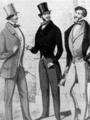 427. Из английского модного журнала, 1849 г. Выходные мужские костюмы - разные варианты традиционного фрака, дополнены цилиндром и тростью. На модели слева уже виден переход к современному пиджаку - без фрачных фалд.