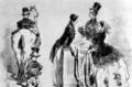437. Постав Доре, Желтый тигр. Литография из цикла «Парижский зверинец». На рисунке дамские платья, примерно 1860 года, с кринолином, пелериной и чепцом.