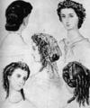 547. «Магазен де демоазель» (Magazin des demoiselles], около 1860г. Вечерняя прическа шестидесятых годов прошлого столетия становится опять более естественной, хотя продолжают носить локоны,декорированные лентами и цветами.