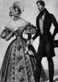 644. «Винер Моден», 1836 г. Еще в 40-е годы шляпы «шуте» носят к платьям для прогулок с широкими рукавами и тонкой талией. Мужчины носят фрак и цилиндр.


