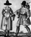 753. Французские крестьяне. Гравюра, XVI век. Рубашка крестьянки присборена у шеи и прикрыта жилетом на шнуровке. На мужчине рубашка, подхваченная поясом.