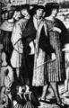 931. Французская школа, Людовик XII и его двор перед Фортуной. Мастерская де Руан. Король одет в тапперт - накидку с прорезанными проймами.

