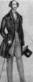 875. «Моддом» (Modesd'hommes), 1839 г. Одежда для прогулки: сюртук с жилетом, длинные брюки, цилиндр и трость.

