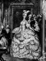 892. Придворная дама королевы, по Ж. Моро Младшему. Около 1777 года. Объемный кринолин эпохи Марии Антуанетты украшают воланы с цветочными гирляндами.