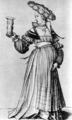 912. Ганс Гольбейн Младший, Базельская женщина, этюд. Кабинет гравюр по меди, Базель. Платье в стиле Ренессанс на горожанке имеет четырехугольное декольте, воротник стойкой и длинные рукава с прорезями.

